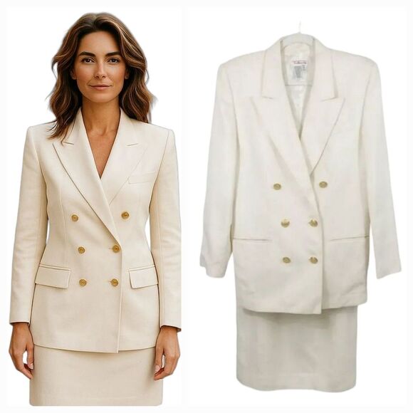 Vintage Talbots 2 PC Linen Blend Double-breasted Blazer Jacket and Skirt Suit 12 - Picture 1 of 16